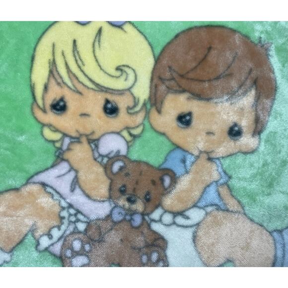 Vintage Precious Moments Baby Blanket Fleece Plush Green Blue Boy Girl Stars - Picture 3 of 11